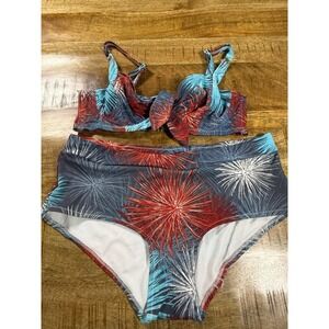 Swim Sexy Bikini Set Fireworks Print High Waist Bottom Twist Front Top Size 12